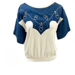 1970's Retro Denim and Off White knit Crop Western Short Sleeve Shirt